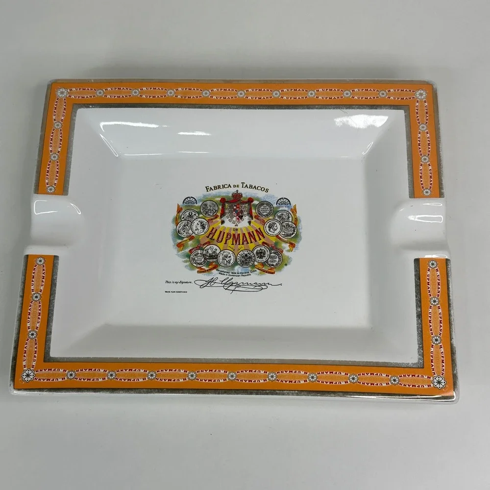 H Upmann Rectangular Porcelain Ashtray Orange Border Fabrica De Tabacos Logo